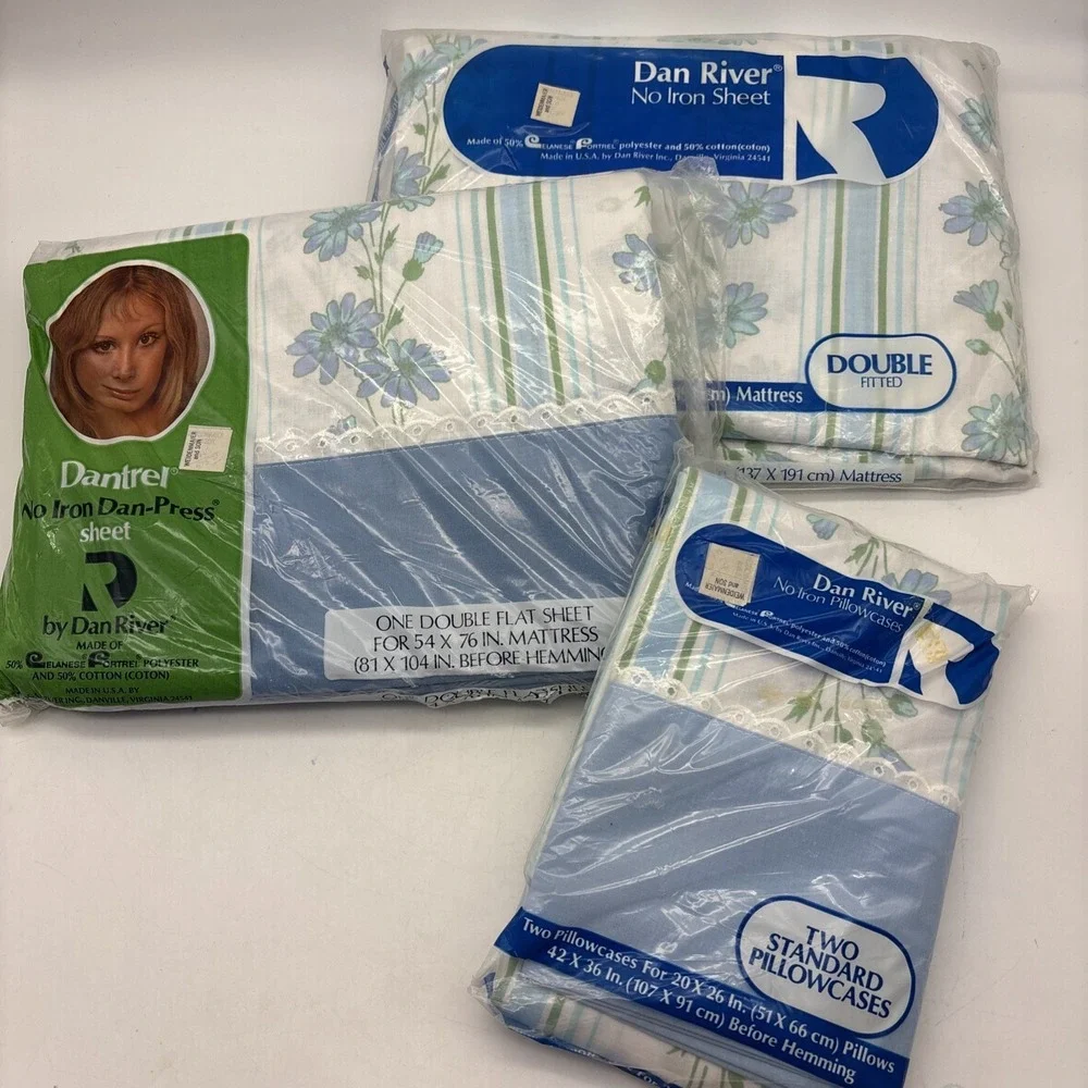 Vtg Dan River Dantrel No Iron Double Sheet Set White Blue Floral NOS